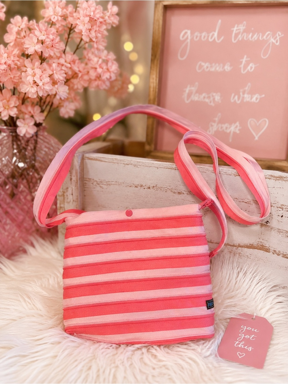 Striped Pink Crossbody Purse - Women's Lightweight Shoulder Bag
